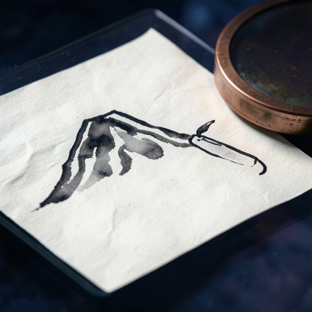 Still life of a paper chart with a peak and a turning candle shape under a copper paperweight
