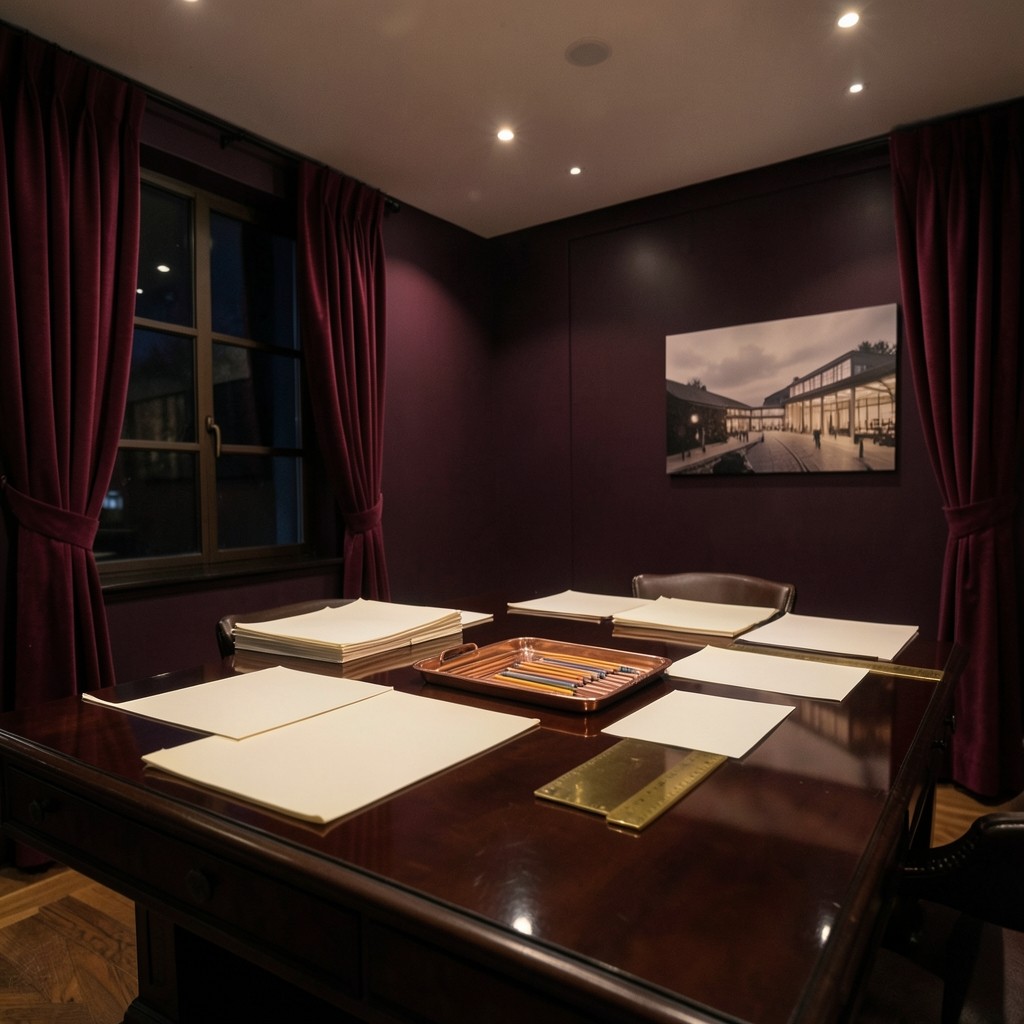 The empty chart room prepared for an evening session, with blank chart paper and a copper tray of pencils
