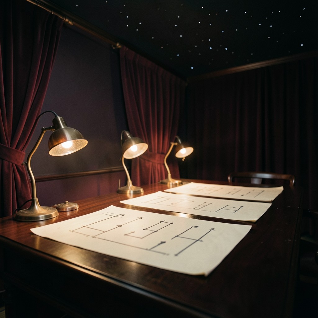 Long lacquered table in a velvet chart studio, with unmarked paper charts under copper lamps