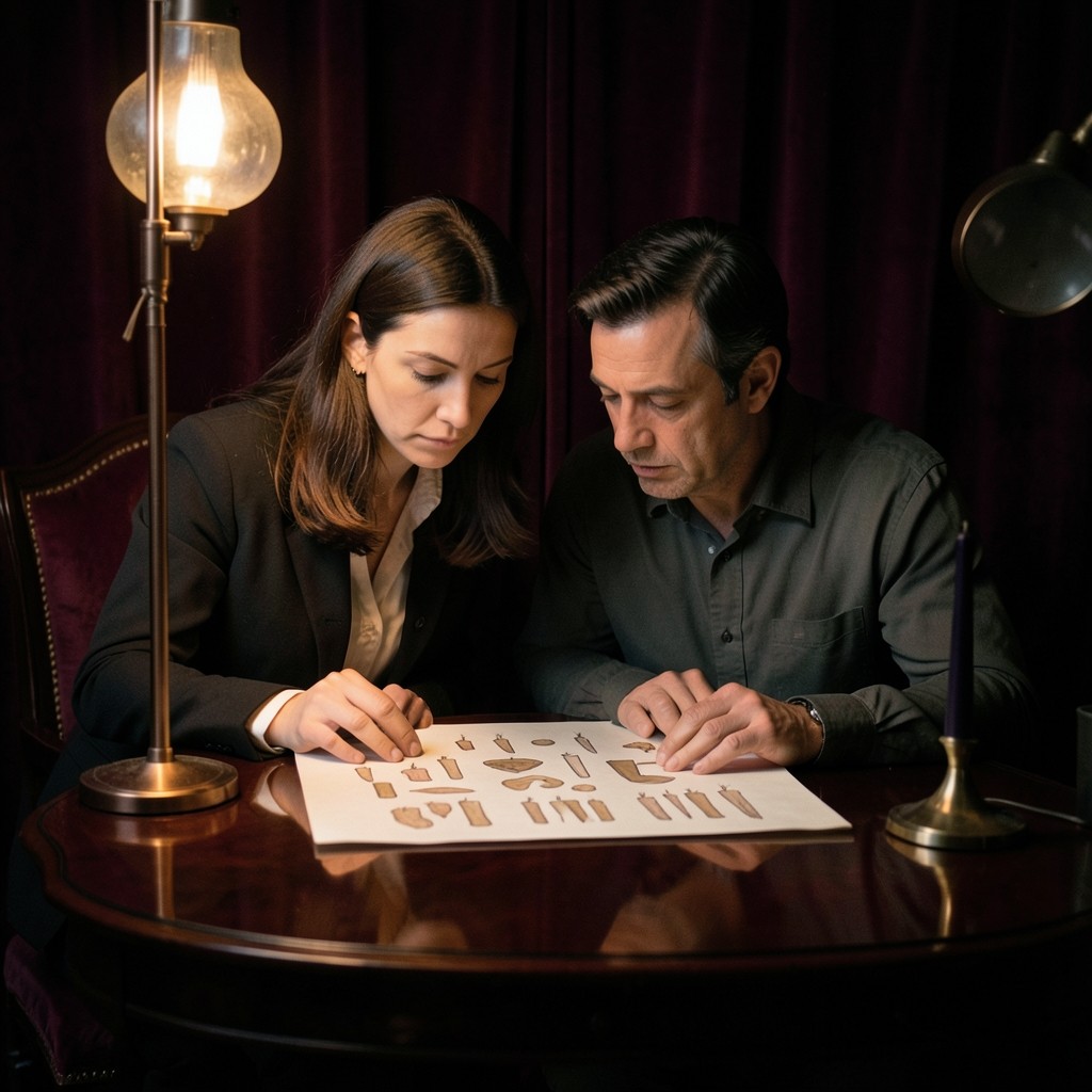 Two adults reviewing a large paper chart at a small copper-lit desk