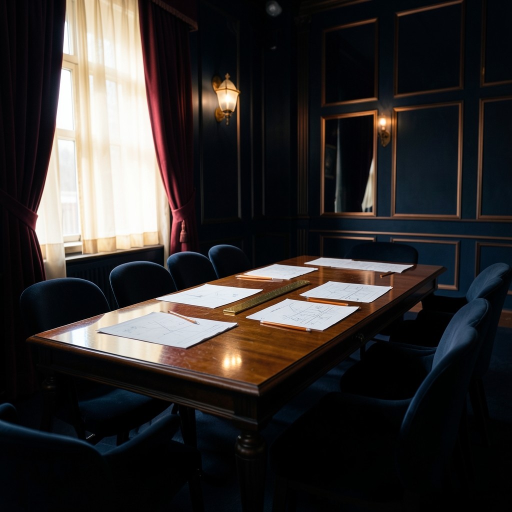 Saturday light falling through burgundy curtains onto paper charts in a wood-paneled room